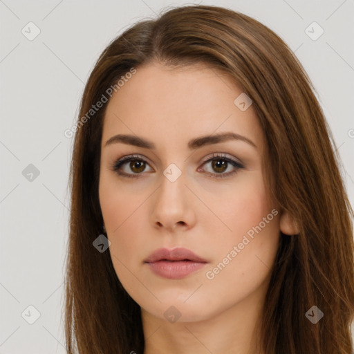 Neutral white young-adult female with long  brown hair and brown eyes