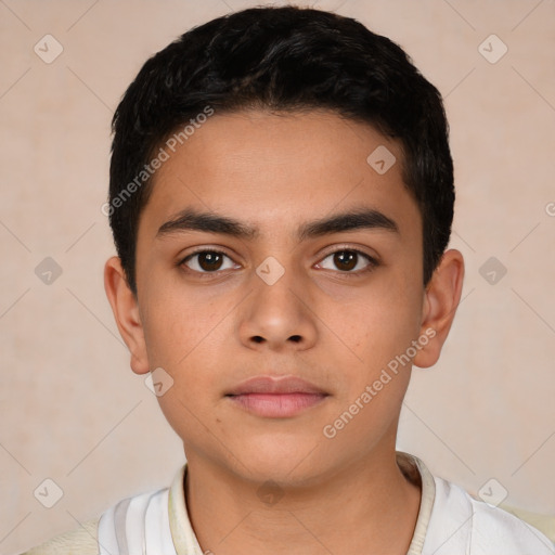 Neutral latino young-adult male with short  black hair and brown eyes