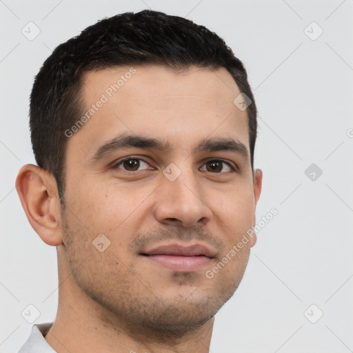 Joyful white young-adult male with short  brown hair and brown eyes