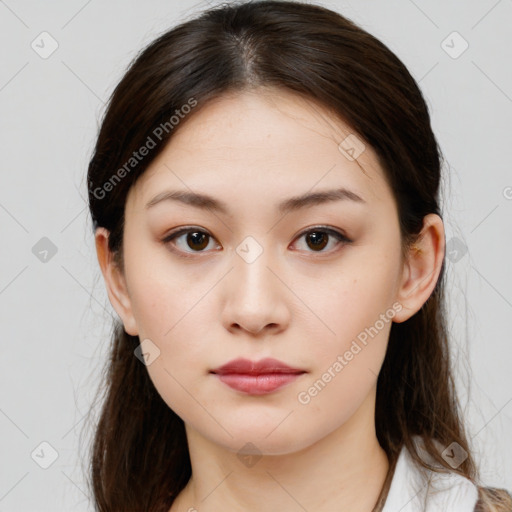 Neutral white young-adult female with medium  brown hair and brown eyes