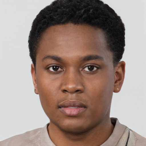 Neutral black young-adult male with short  black hair and brown eyes