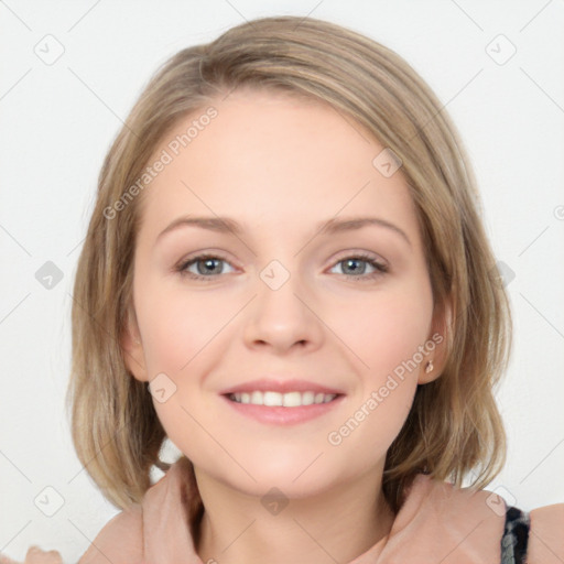 Joyful white young-adult female with medium  brown hair and blue eyes