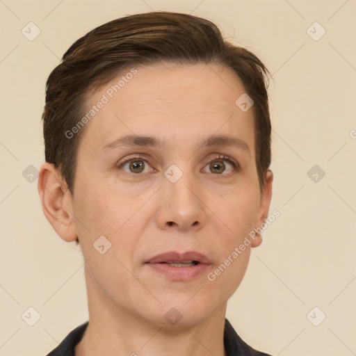 Neutral white adult female with short  brown hair and brown eyes