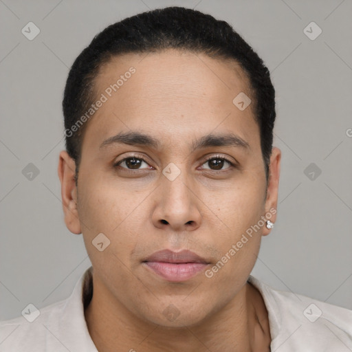 Neutral latino young-adult male with short  brown hair and brown eyes