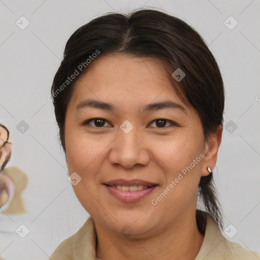 Joyful white young-adult female with medium  brown hair and brown eyes