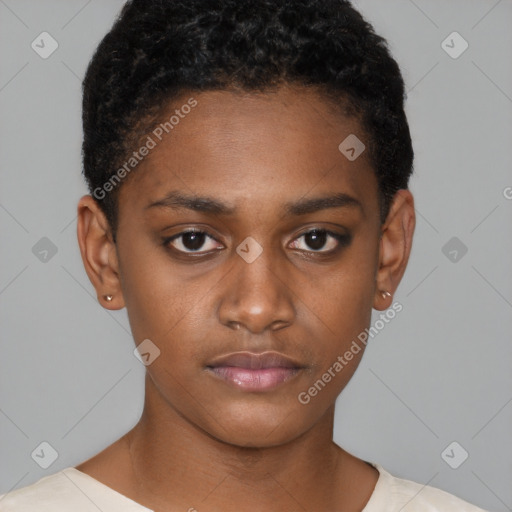 Neutral black young-adult female with short  black hair and brown eyes