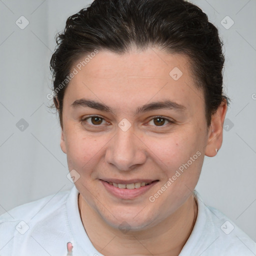 Joyful white young-adult female with short  brown hair and brown eyes