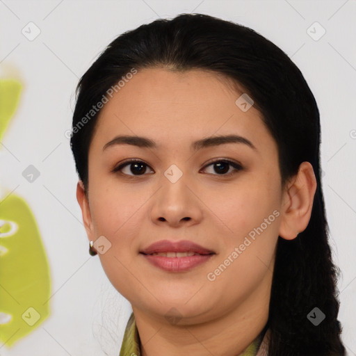 Joyful latino young-adult female with medium  black hair and brown eyes