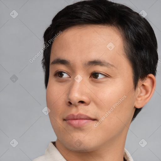 Neutral asian young-adult male with short  brown hair and brown eyes