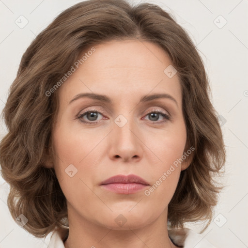 Joyful white young-adult female with medium  brown hair and green eyes