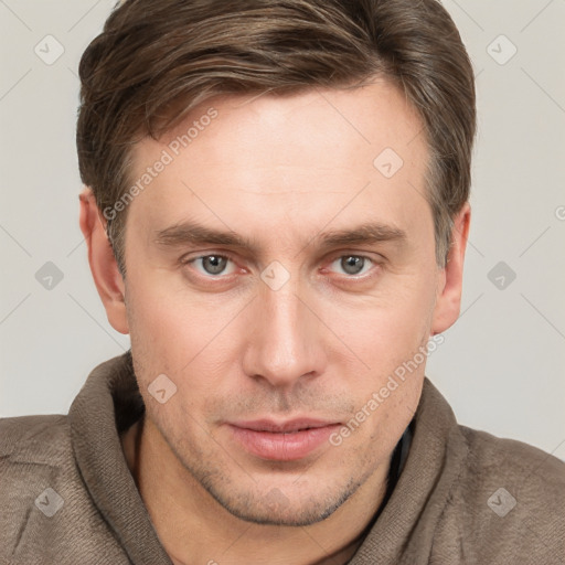 Neutral white young-adult male with short  brown hair and grey eyes