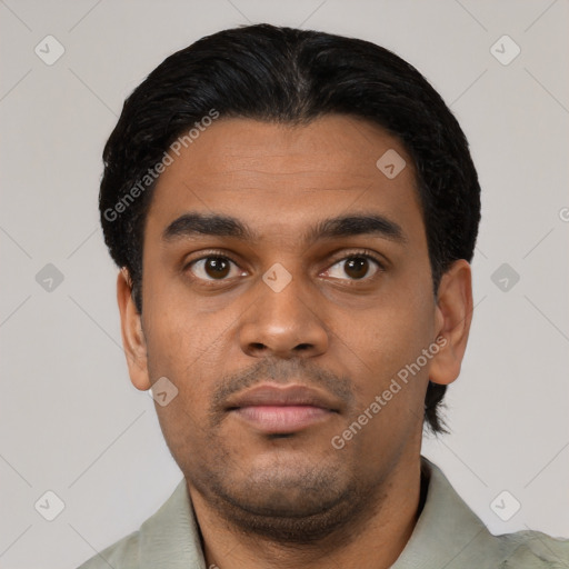 Neutral latino young-adult male with short  black hair and brown eyes