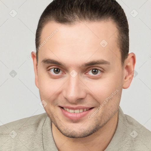 Joyful white young-adult male with short  brown hair and brown eyes