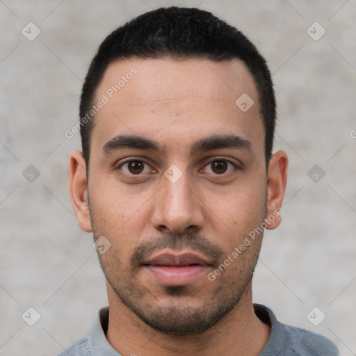 Neutral white young-adult male with short  brown hair and brown eyes