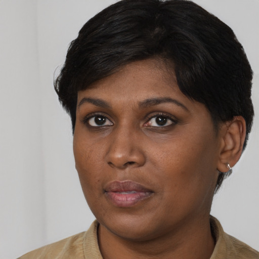 Neutral asian young-adult female with short  black hair and brown eyes
