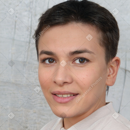 Joyful white young-adult female with short  brown hair and brown eyes