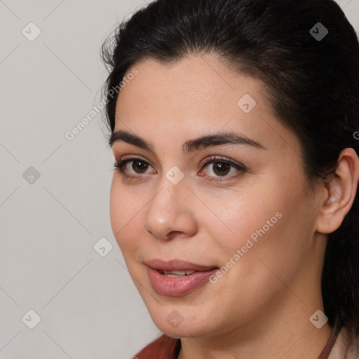 Joyful white young-adult female with medium  brown hair and brown eyes