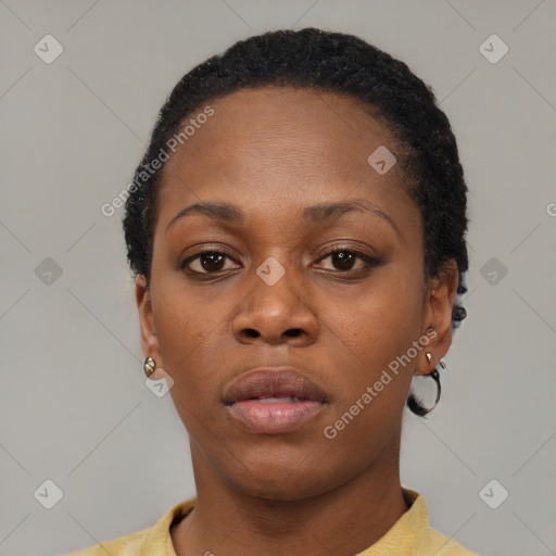 Neutral black young-adult female with short  black hair and brown eyes