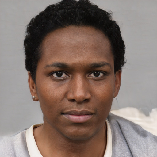 Neutral black young-adult female with short  black hair and brown eyes