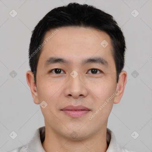 Neutral asian young-adult male with short  black hair and brown eyes