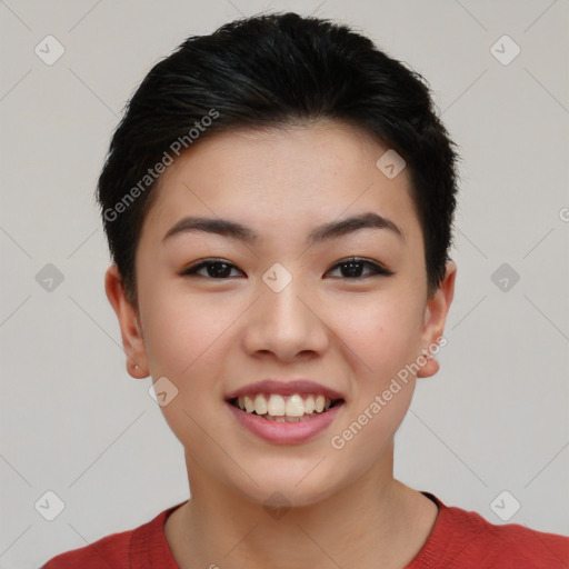 Joyful asian young-adult female with short  black hair and brown eyes