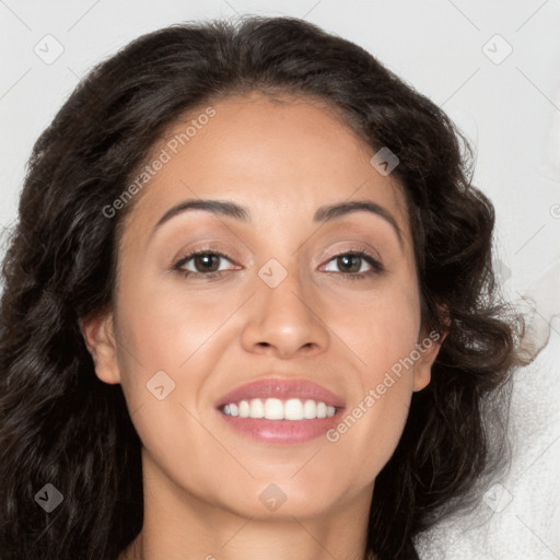 Joyful white young-adult female with long  brown hair and brown eyes