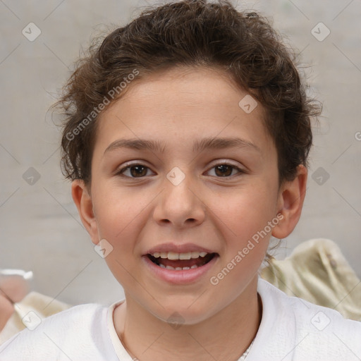 Joyful white child female with short  brown hair and brown eyes