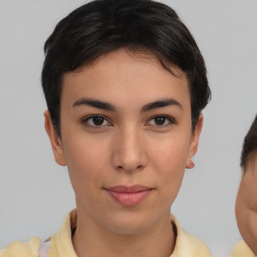 Neutral asian young-adult female with short  brown hair and brown eyes