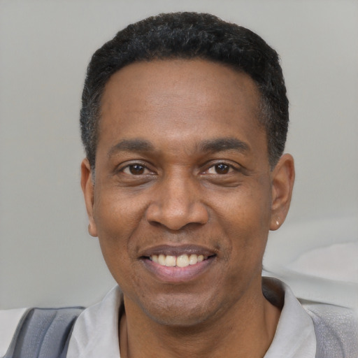 Joyful black adult male with short  black hair and brown eyes