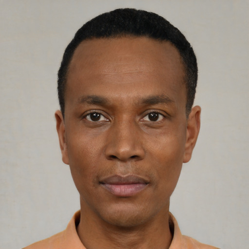 Neutral black young-adult male with short  black hair and brown eyes