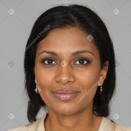 Joyful black young-adult female with medium  brown hair and brown eyes