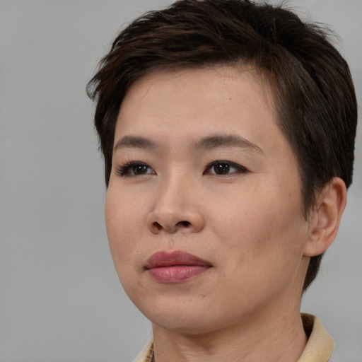 Joyful asian young-adult female with short  brown hair and brown eyes