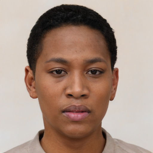 Neutral black young-adult female with short  black hair and brown eyes