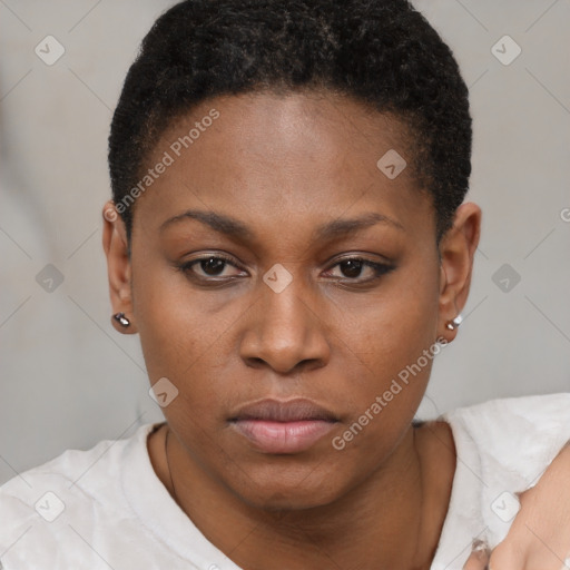 Neutral black young-adult female with short  brown hair and brown eyes