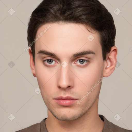 Neutral white young-adult male with short  brown hair and brown eyes