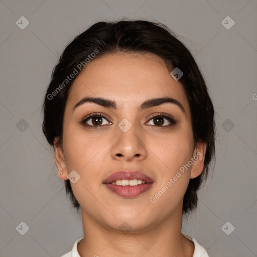 Joyful white young-adult female with medium  brown hair and brown eyes