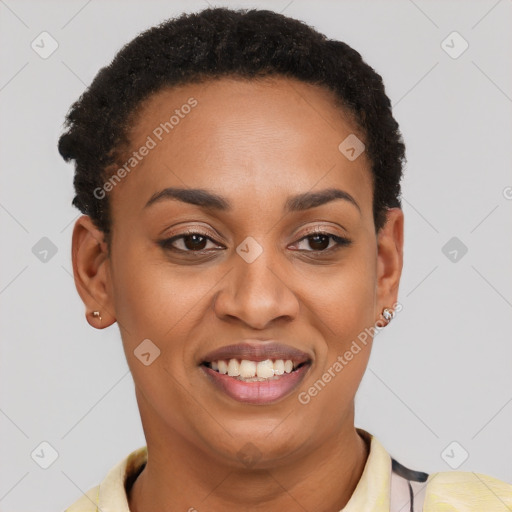 Joyful latino young-adult female with short  brown hair and brown eyes