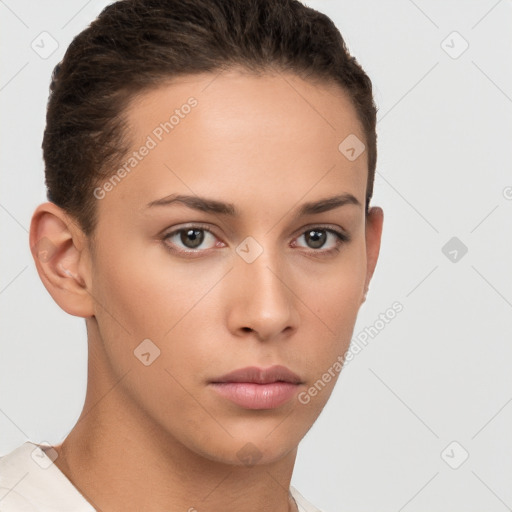 Neutral white young-adult female with short  brown hair and brown eyes