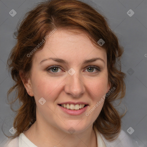 Joyful white young-adult female with medium  brown hair and blue eyes