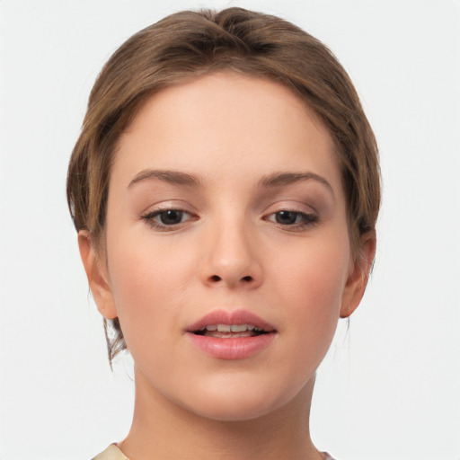 Neutral white young-adult female with medium  brown hair and brown eyes