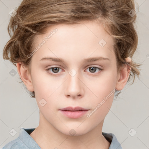 Neutral white child female with medium  brown hair and grey eyes