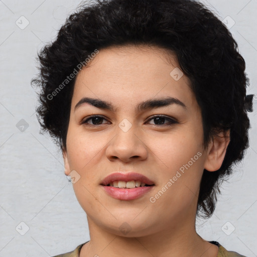 Joyful asian young-adult female with short  black hair and brown eyes