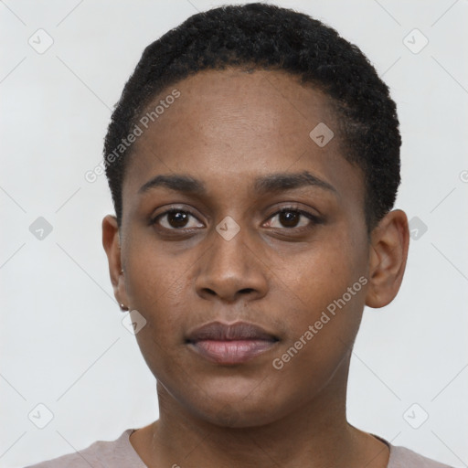 Neutral black young-adult female with short  black hair and brown eyes