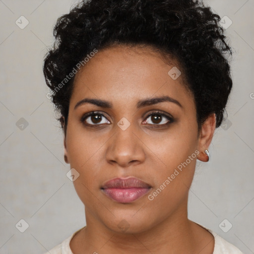 Neutral black young-adult female with short  black hair and brown eyes