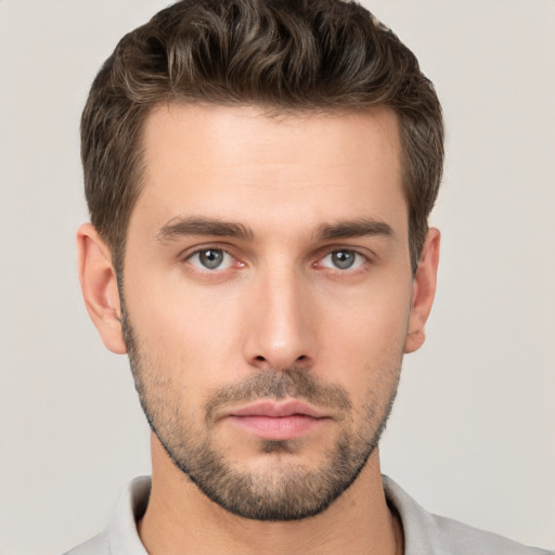 Neutral white young-adult male with short  brown hair and brown eyes