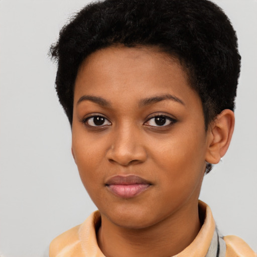 Joyful latino young-adult female with short  black hair and brown eyes