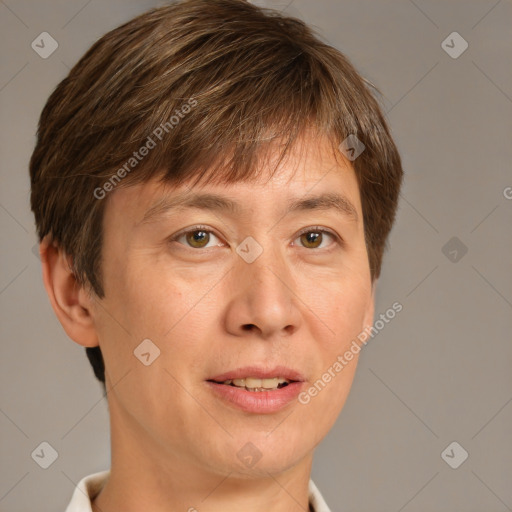 Joyful white adult male with short  brown hair and grey eyes