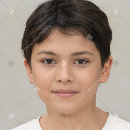 Joyful white child female with short  brown hair and brown eyes