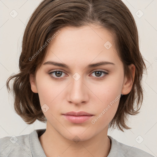 Neutral white young-adult female with medium  brown hair and brown eyes