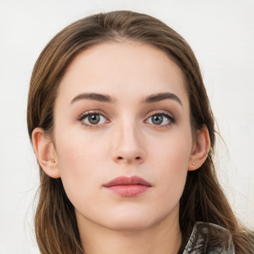 Neutral white young-adult female with long  brown hair and grey eyes